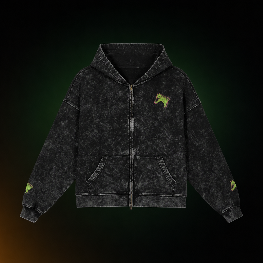 Limited Edition Horse Unisex Full-Zip Hoodie - Washed Glow Stitched Pink Green
