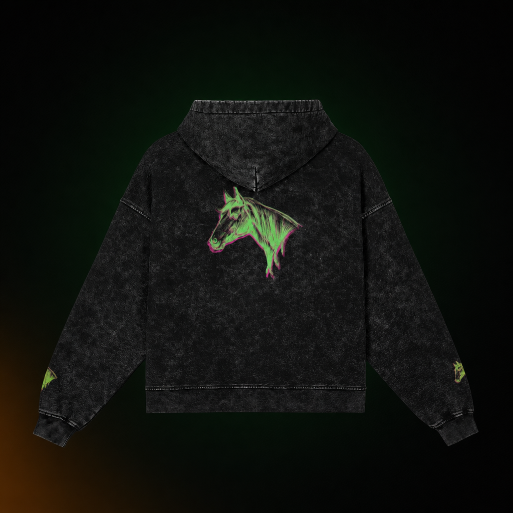 Limited Edition Horse Unisex Full-Zip Hoodie - Washed Glow Stitched Pink Green