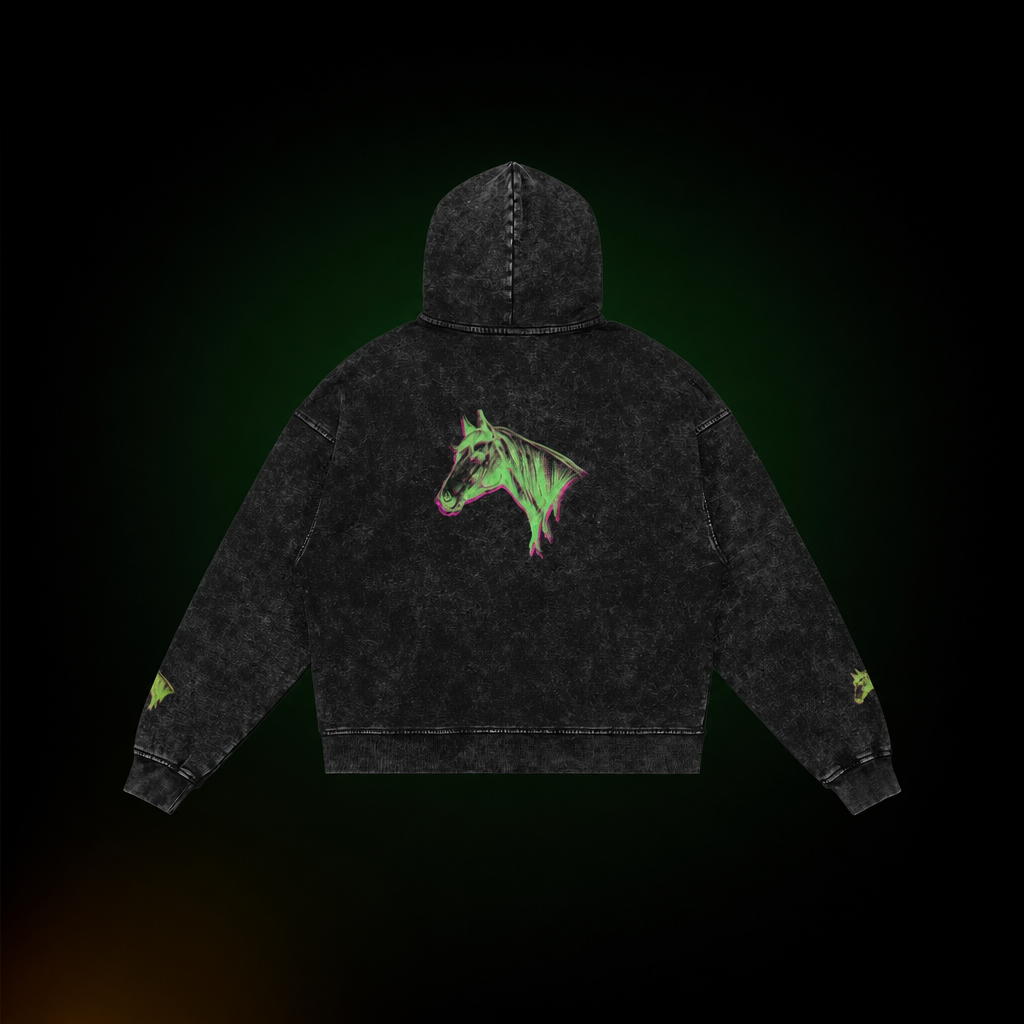 Limited Edition Horse Unisex Full-Zip Hoodie - Washed Glow Stitched Pink Green