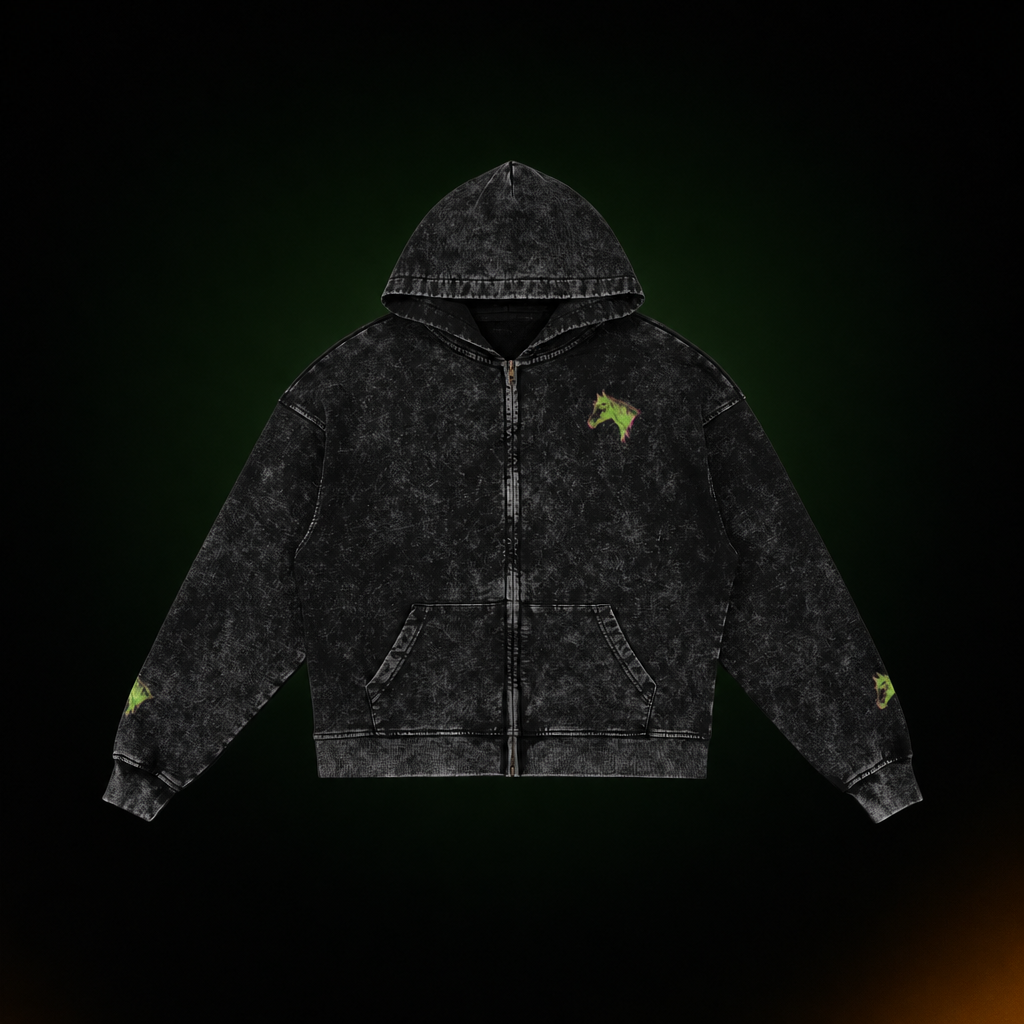 Limited Edition Horse Unisex Full-Zip Hoodie - Washed Glow Stitched Pink Green
