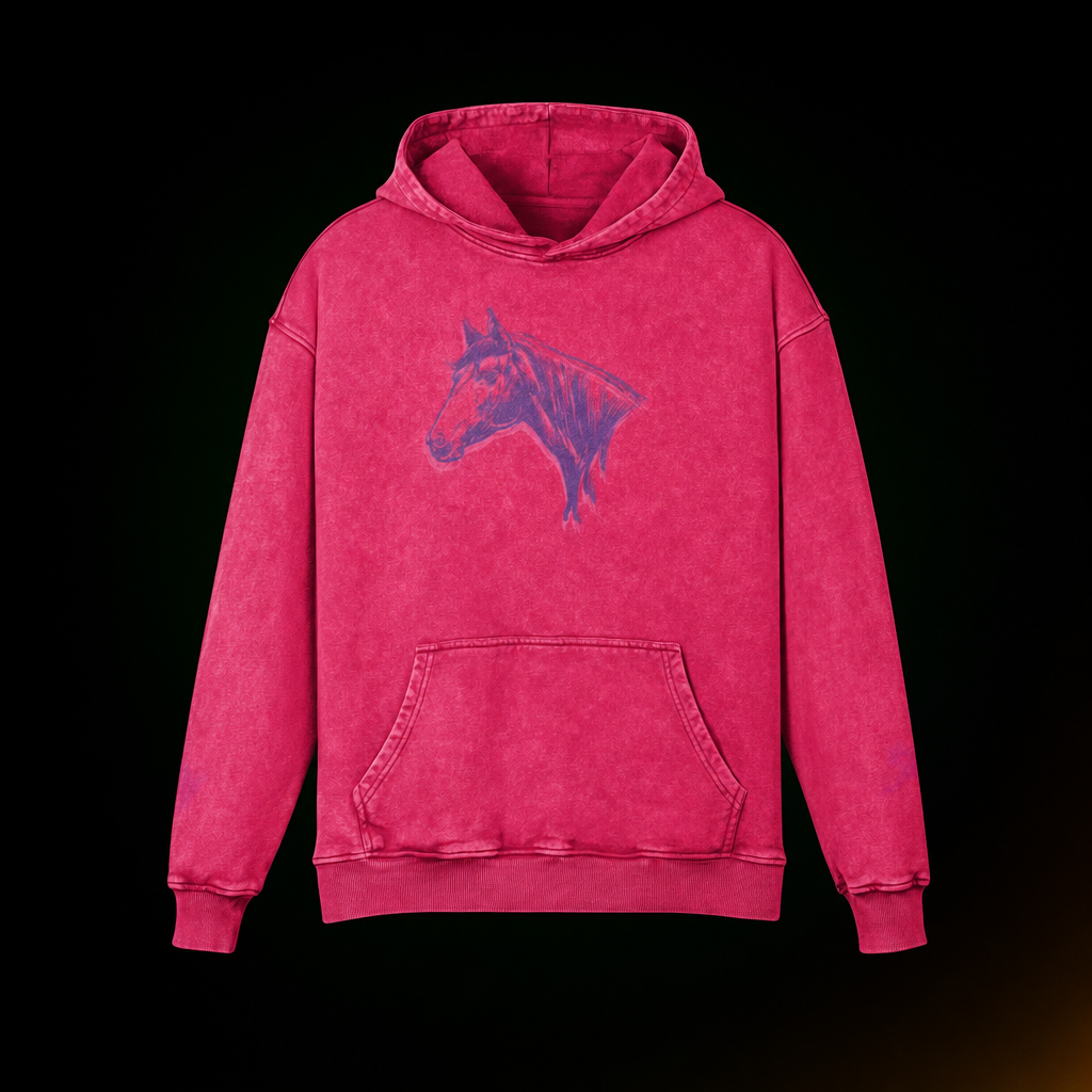 Limited Edition Horse Unisex Hoodie - Washed Glow Stitched Pink Purple