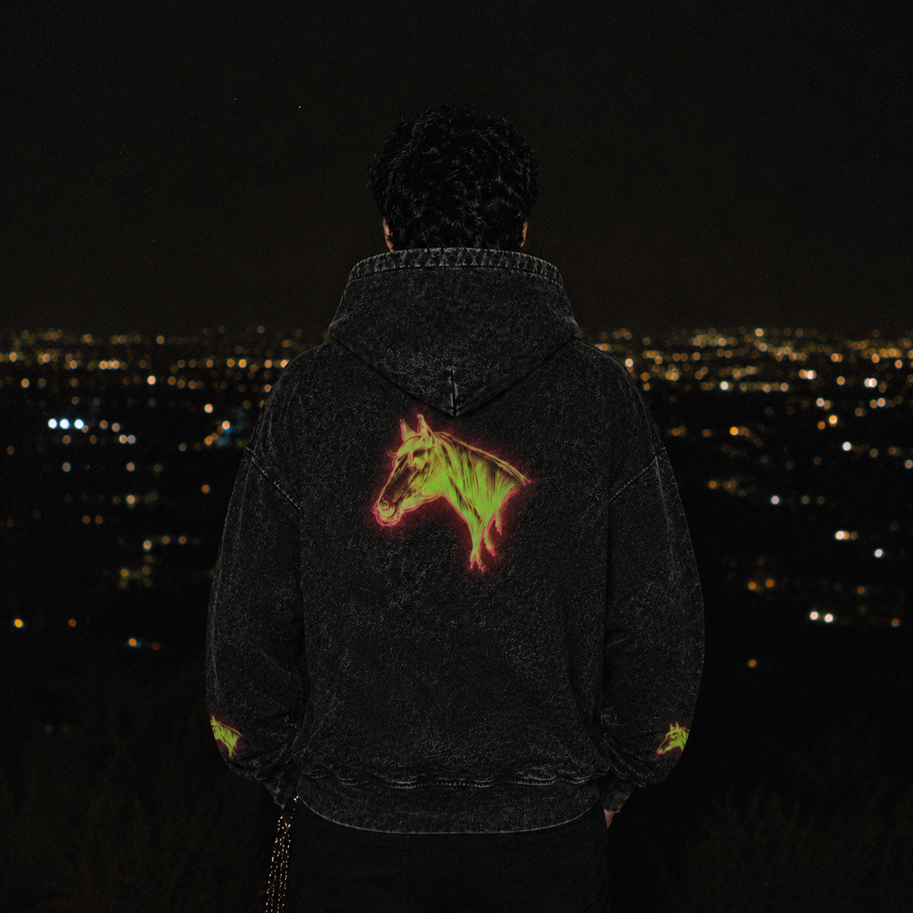 Limited Edition Horse Unisex Full-Zip Hoodie - Washed Glow Stitched Pink Green
