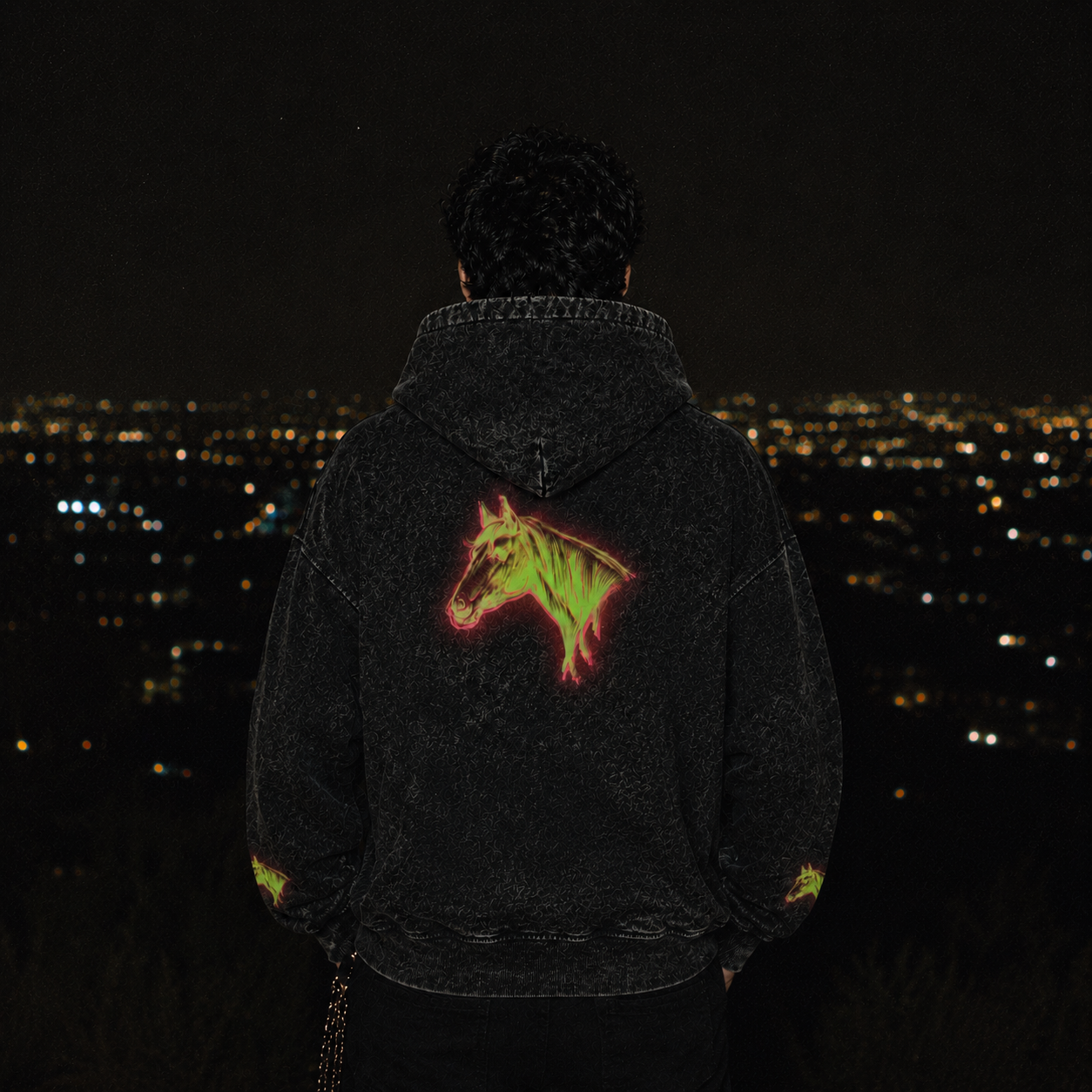 Limited Edition Horse Unisex Full-Zip Hoodie - Washed Glow Stitched Pink Green